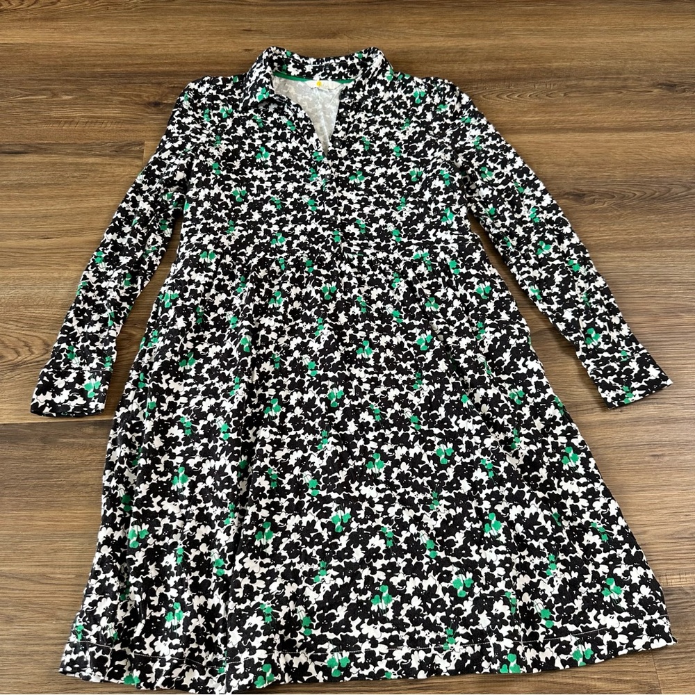 Boden Alma Floral Jersey Knit Dress 8 Button Front Knee Teacher Black Green Prep - Picture 2 of 15
